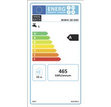 Energielabel voor Wahl Bach WWH 18-24D met energie-efficiëntieklasse A en een jaarlijks energieverbruik van 465 kilowattuur, plus een geluidsniveau van 16 decibel.