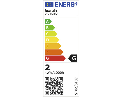 Energielabel met energie-efficiëntieklasse G, een energieverbruik van 2 kWh per 1000 uur en het Season Lights logo.