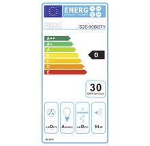 Energielabel PKM S26-90BBTY met energie-efficiëntieklasse B, stroomverbruik 30 kilowattuur per jaar en geluidsniveau 64 decibel