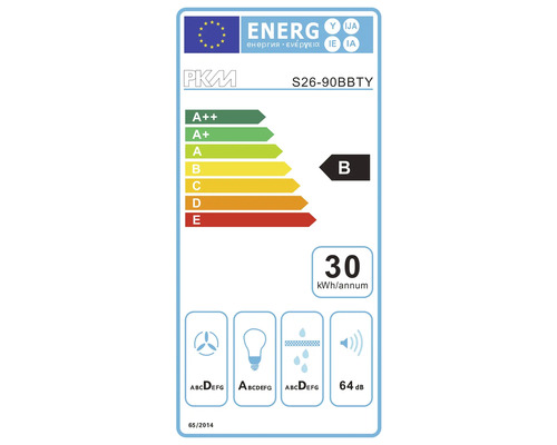 Energielabel PKM S26-90BBTY met energie-efficiëntieklasse B, stroomverbruik 30 kilowattuur per jaar en geluidsniveau 64 decibel
