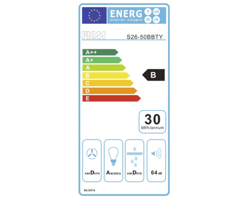 Energielabel PKM S26-50BBTY met energie-efficiëntieklasse B, energieverbruik 30 kWh per jaar en geluidsniveau 64 decibel