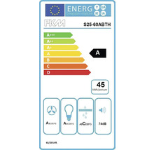 Energielabel voor PKM S25-60ABTH met energie-efficiëntieklasse A, jaarlijks energieverbruik van 45 kilowattuur en geluidsemissie van 74 decibel