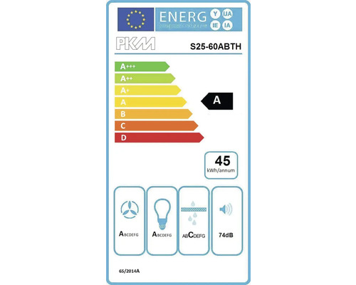 Energielabel voor PKM S25-60ABTH met energie-efficiëntieklasse A, jaarlijks energieverbruik van 45 kilowattuur en geluidsemissie van 74 decibel