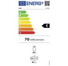 Energielabel PKM MC35E met energie-efficiëntieklasse E, 70 kilowattuur per jaar, 32 liter inhoud en 22 decibel geluidsniveau