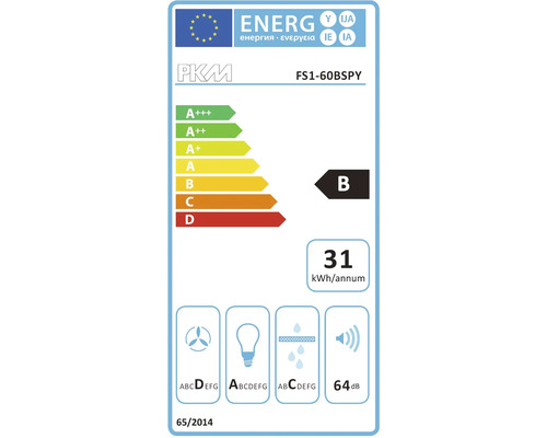 Energielabel voor PKM FS1-60BSPY afzuigkap, energie-efficiëntieklasse B, jaarlijks energieverbruik 31 kilowattuur, geluidsniveau 64 decibel