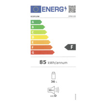 Energielabel met energie-efficiëntieklasse F, een jaarlijks energieverbruik van 85 kilowattuur, een inhoud van 36 liter en een geluidsniveau van 59 decibel