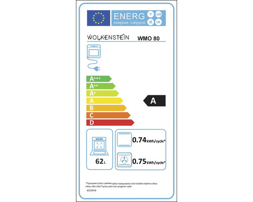 Energielabel Wolkenstein WMO 80 met energie-efficiëntieklasse A, stroomverbruik 0,74 kilowattuur per cyclus en 62 liter volume