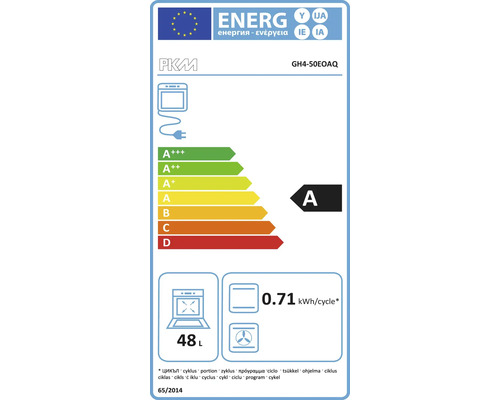 Energielabel voor PKM GH4-50EOAQ oven met energie-efficiëntieklasse A, 48 liter inhoud en 0,71 kilowattuur per cyclus.
