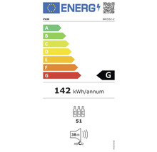Energielabel met energie-efficiëntieklasse G, een jaarlijks energieverbruik van 142 kilowattuur, een capaciteit van 51 flessen en een geluidsniveau van 38 decibel