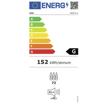 PKM-energielabel met energie-efficiëntieklasse G, een jaarlijks energieverbruik van 152 kilowattuur, een capaciteit van 72 flessen en een geluidsniveau van 41 decibel.