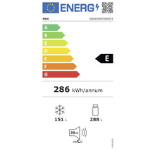 Energielabel voor PKM SBS450NFDWDEIX: Energie-efficiëntieklasse E, jaarlijks energieverbruik 286 kWh, vriesvak 151 liter, koelvak 288 liter, geluidsemissie 39 decibel.
