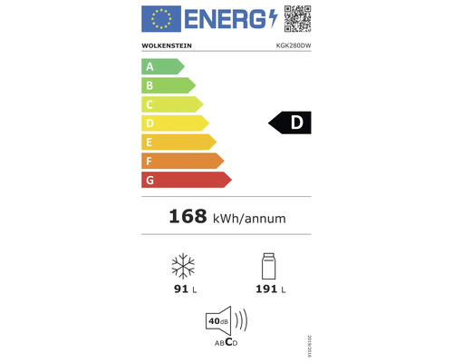 Wolkenstein energielabel met energie-efficiëntieklasse D, een jaarlijks energieverbruik van 168 kilowattuur, een vriesvolume van 91 liter, een koelvolume van 191 liter en een geluidsniveau van 40 decibel