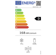 Energielabel PKM KG225.4A+++IX, energie-efficiëntieklasse D, stroomverbruik 168 kWh per jaar, vriesvak 71 liter, koelvak 159 liter, geluidsemissie 39 decibel
