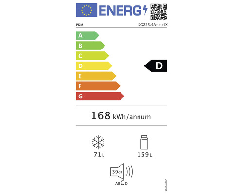 Energielabel PKM KG225.4A+++IX, energie-efficiëntieklasse D, stroomverbruik 168 kWh per jaar, vriesvak 71 liter, koelvak 159 liter, geluidsemissie 39 decibel