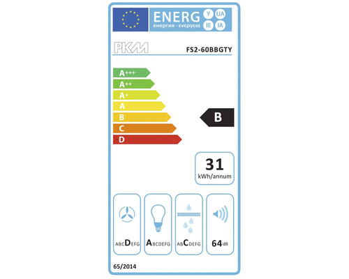 Energielabel voor PKM FS2-60BBGTY met energie-efficiëntieklasse B, jaarlijks energieverbruik van 31 kilowattuur en geluidsemissie van 64 decibel