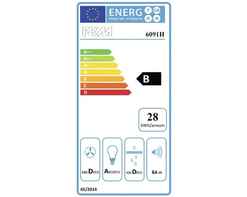 PKM Logo energie-efficiëntieklasse B, energieverbruik 28 kilowattuur per jaar, geluidsniveau 64 decibel