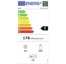 Energielabel PKM KS120.4A+EB met energie-efficiëntieklasse F, jaarlijks energieverbruik van 178 kWh, vriesvak 14 liter, koelvak 104 liter en geluidsemissie 39 decibel
