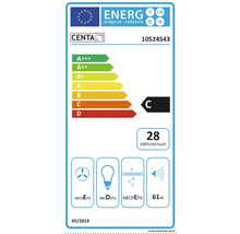 Energielabel van de afzuigkap met energie-efficiëntieklasse C en een jaarlijks energieverbruik van 28 kilowattuur.
