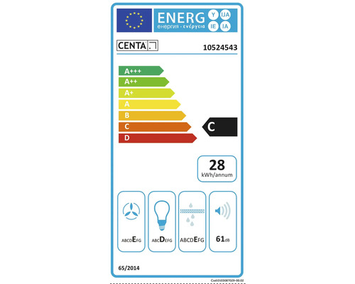 Energielabel van de afzuigkap met energie-efficiëntieklasse C en een jaarlijks energieverbruik van 28 kilowattuur.