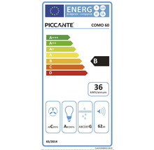 Energie-efficiëntielabel voor afzuigkap: Energieklasse B, jaarlijks energieverbruik 36 kilowattuur, geluidsemissie 62 decibel
