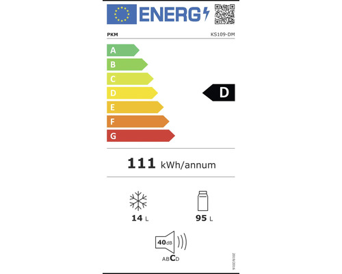 Energielabel PKM KS109-DM met energie-efficiëntieklasse D, jaarlijks energieverbruik van 111 kWh, vriesvak 14 liter, koelvak 95 liter en geluidsemissie 40 decibel