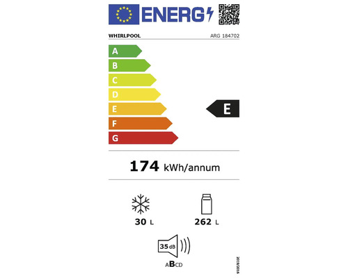Whirlpool energielabel met energie-efficiëntieklasse E, een jaarlijks energieverbruik van 174 kilowattuur, een vriesvolume van 30 liter en een koelvolume van 262 liter.