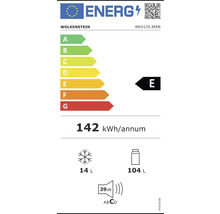 Energielabel Wolkenstein met energie-efficiëntieklasse E, jaarlijks energieverbruik van 142 kilowattuur, vriesvak 14 liter, koelvak 104 liter en geluidsemissie 39 decibel.