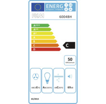 PKM energielabel 6004BH met energie-efficiëntieklasse C, een jaarlijks energieverbruik van 50 kilowattuur en een geluidsniveau van 69 decibel.