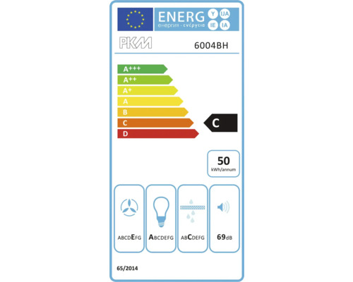 PKM energielabel 6004BH met energie-efficiëntieklasse C, een jaarlijks energieverbruik van 50 kilowattuur en een geluidsniveau van 69 decibel.