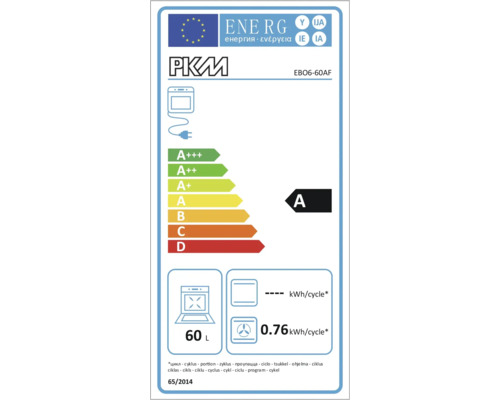 Energielabel voor een PKM EBO6-60AF oven, energie-efficiëntieklasse A