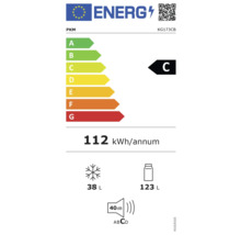 Energielabel PKM KG173CB met energie-efficiëntieklasse C, jaarlijks energieverbruik van 112 kilowattuur, vriesvak 38 liter, koelvak 123 liter en geluidsemissie 40 decibel
