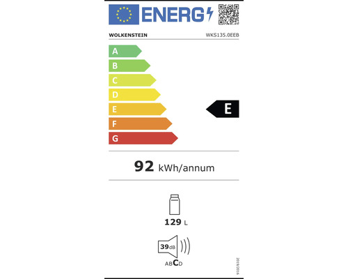 Energielabel Wolkenstein met energie-efficiëntieklasse E, jaarlijks energieverbruik van 92 kilowattuur, volume van 129 liter en een geluidsniveau van 39 decibel