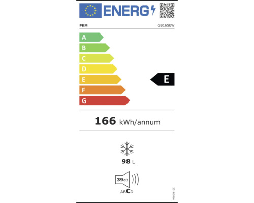 PKM GS165EW energielabel met energie-efficiëntieklasse E, jaarlijks energieverbruik van 166 kWh, vriesvak en een volume van 98 liter