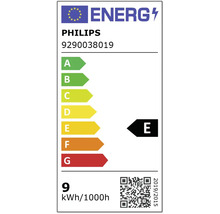 Philips energielabel met energie-efficiëntieklasse E, een energieverbruik van 9 kWh per 1000 uur en een QR-code.