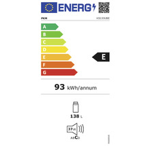 Energielabel voor PKM KS133UBE koelkast met een jaarlijks energieverbruik van 93 kilowattuur en een inhoud van 138 liter, geluidsemissie 37 decibel, energie-efficiëntieklasse E