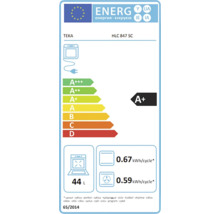 Energielabel voor Teka HLC 847 SC oven met energie-efficiëntieklasse A+, een verbruik van 0,67 kWh per cyclus in de standaardmodus en 0,59 kWh per cyclus in de heteluchtmodus, en een volume van 44 liter.