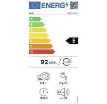 Energielabel PKM vaatwasser GSP12-4E FI: Energie-efficiëntieklasse E, 92 kWh per 100 wasbeurten, 12 couverts, 11,0 liter waterverbruik, 52 decibel, programmaduur 3 uur 50 minuten