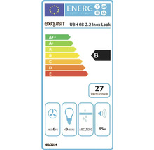 Energielabel voor Exquisit UBH 08-2.2 Inox Look met energie-efficiëntieklasse B, jaarlijks energieverbruik van 27 kilowattuur en geluidsemissie van 65 decibel.