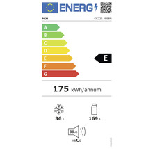 Energielabel voor PKM koelkast met energie-efficiëntieklasse E, een jaarlijks energieverbruik van 175 kilowattuur, een vriesvolume van 36 liter, een koelvolume van 169 liter en een geluidsemissie van 39 decibel.