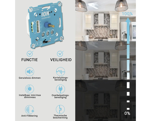 ION D200W-MC dimmer met productfuncties en veiligheidskenmerken, plus keukenafbeeldingen met verschillende helderheidsniveaus