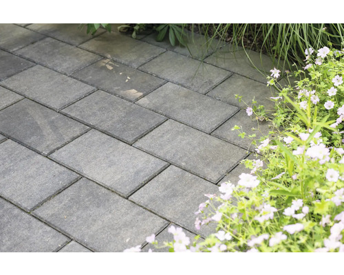 Rechthoekige straatstenen op een tuinpad naast bloemen