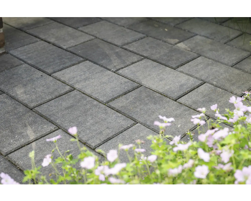 Bestrating met stenen in een tuin met bloemenperk