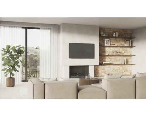 Woonkamer met bank, televisie en open haard