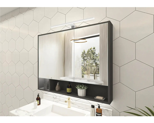 Badkamer met spiegelkast, waskom en verlichting