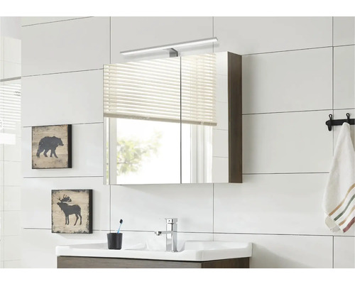 Moderne badkamer met spiegelkast, wastafel en wanddecoratie