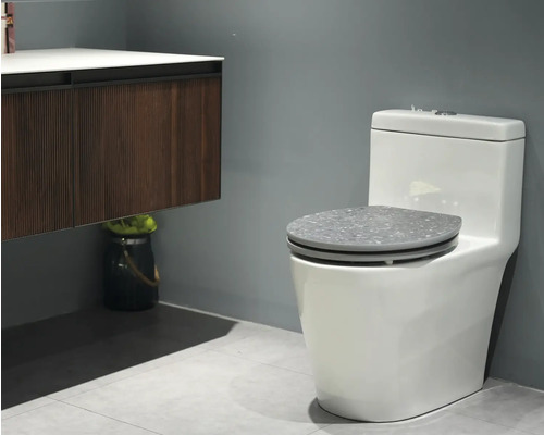 Witte wc met grijze wc-bril in badkameromgeving