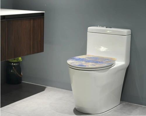 Witte staande wc met toiletzitting in een badkamer