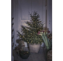 Kerstboom met lichtjes in een mand in een kamer
