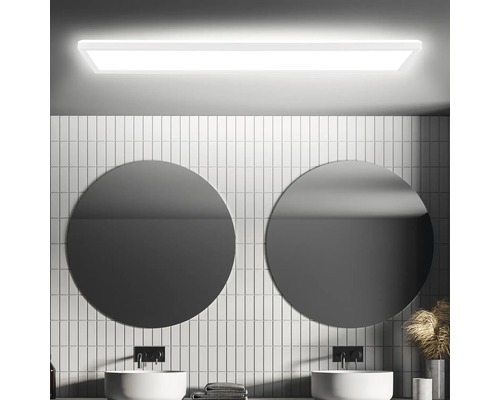 BRILONER LED Paneel met sensor 20x98x3 cm wit frame lichtkleur neutraal wit Badkamer met twee ronde spiegels, opzetwastafels en rechthoekige plafondlamp
