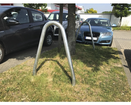Twee metalen fietsenrekken op een groenstrook tussen geparkeerde auto''s.